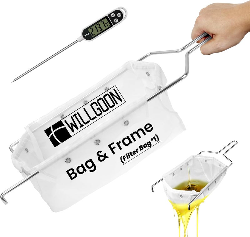 Willgoon Fryer Filter Bag & Frame Set, Reusable Oil Strainer for 70 lb Cooking Oil, Fine Mesh to Capture Crumbs, Durable for Home & Commercial Use, with 1 Professional Food Thermometer - Image 1